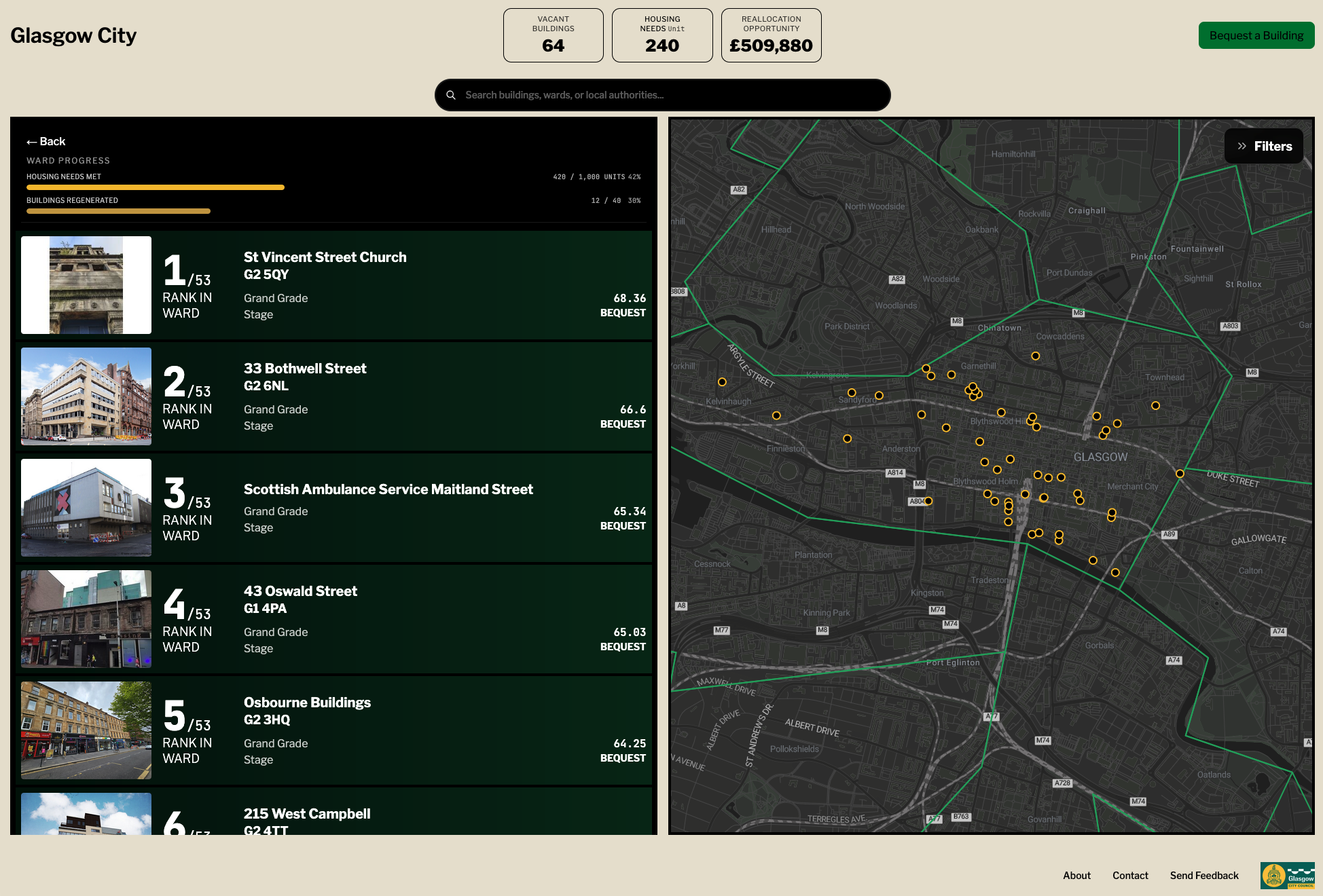 Map of abandoned buildings in Glasgow City