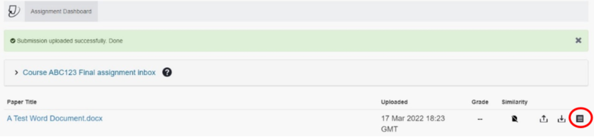 Turnitin - red circle shows the icon to download submission receipt
