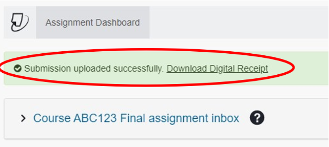 Red circle shows confirmation of successful submission and link to download submission receipt