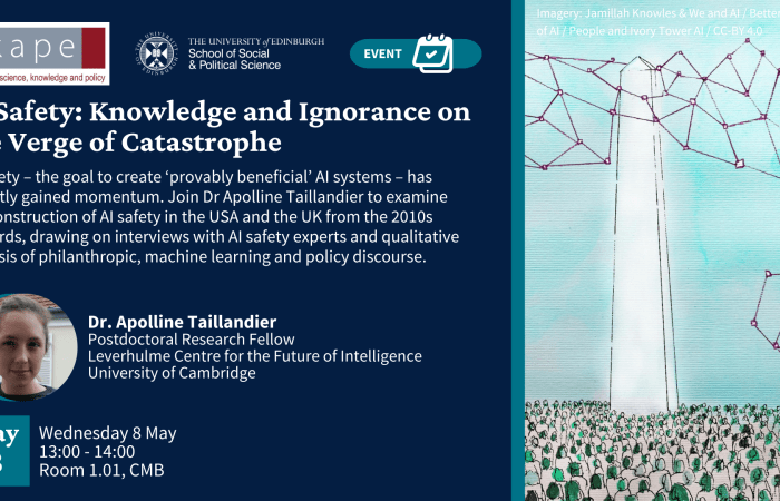 AI Safety: Knowledge and Ignorance on the Verge of Catastrophe. COntains an image of a tower with a digital network reaching out to a crowd at its base. 