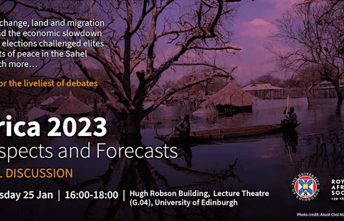 An image of two people on a boat in a lake, with the text: Africa 2023 - Prospects and Forecasts - Panel discussion.