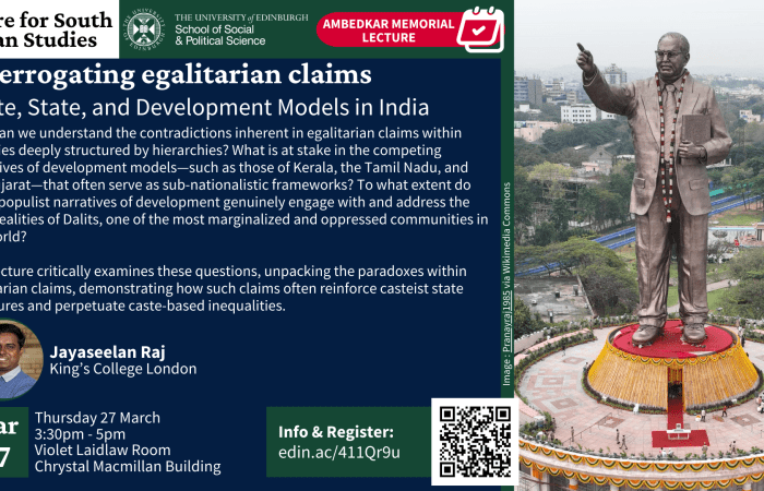Interrogating egalitarian claims. Caste, State, and Development Models in India. With a picture of Ambedkar's statue. 