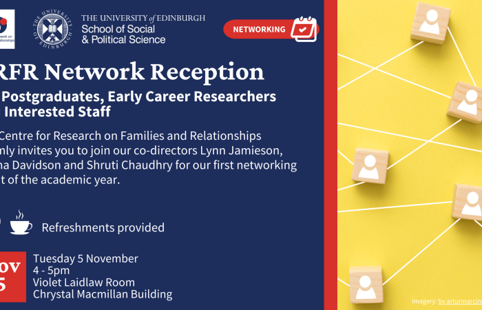 The Centre for Research on Families and Relationships warmly invites you to join our co-directors Lynn Jamieson, Emma Davidson and Shruti Chaudhry for our first networking event of the academic year.