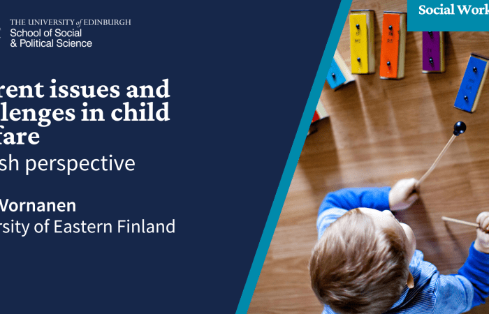 Image of child playing with musical instruments, also title of event and speakers name and university logo