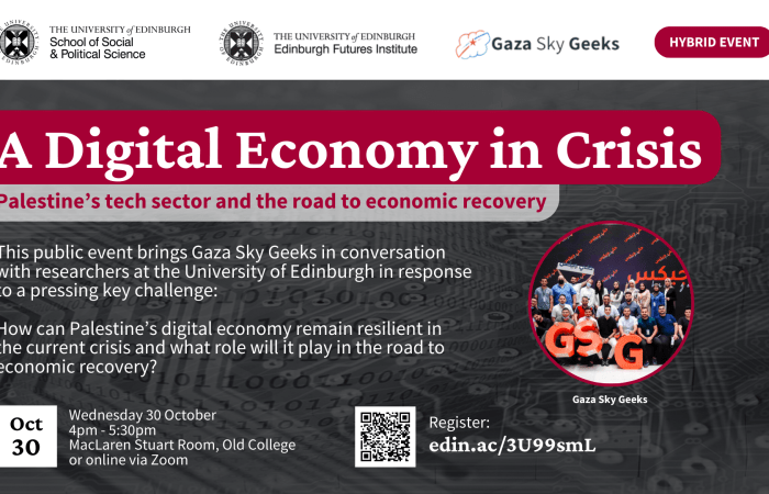 Poster with all the event information, and a photo of the Gaza Sky Geeks