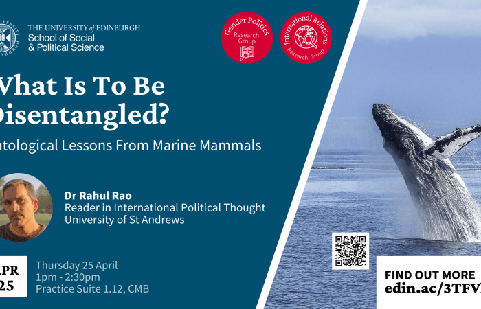 Graphic with event information, picture of the speaker, and a photo of a whale.