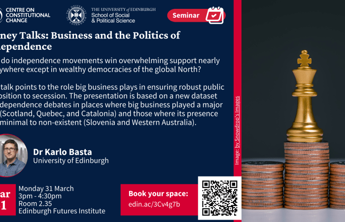 Money Talks: Business and the Politics of Independence. With an image of a chess piece on a stack of coins. 