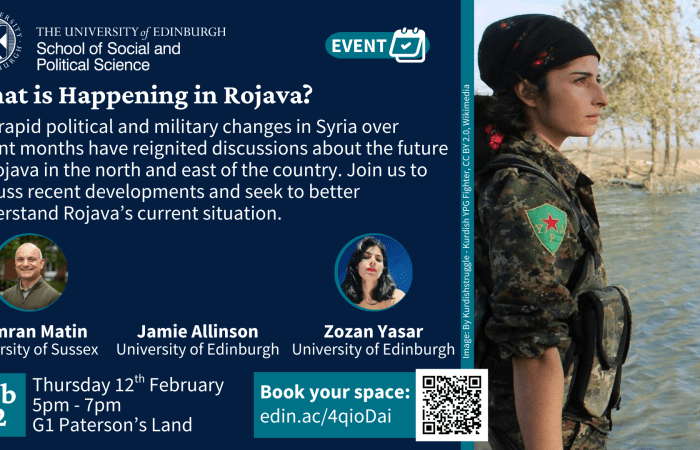 An image of a YPG fighter in Rojava, along with text with the event details. 