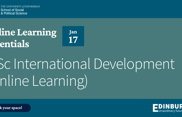 Text reads: Online Learning Essentials. 17 Jan. MSc International Development (Online Learning). Book your space!