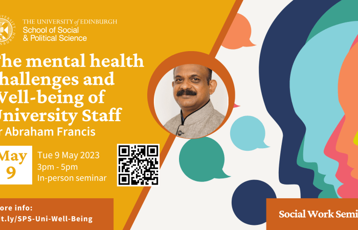 Poster for event with title of event, speaker, date, time. Background image of colourful silhouettes speaking, and headshot of the speaker smiling. 
