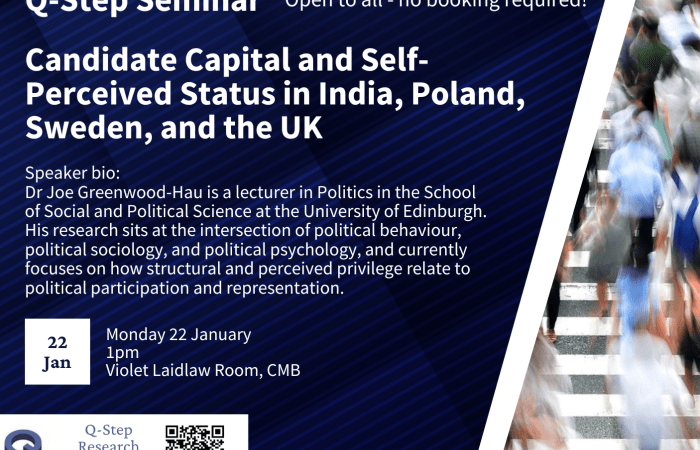 Image of banner of the Q-Step Seminar: Candidate Capital and Self-Perceived Status in India, Poland, Sweden, and the UK