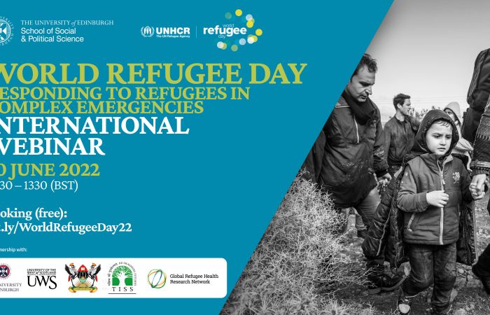 A poster to advertise the event, with a picture of a family of refugees walking with their young child, along with text explaining the title of the event, dates, timings and the link to register to attend. It also contains logos of the partners who have jointly organised the webinar.