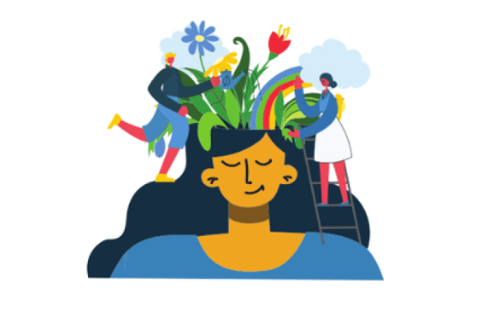 Cartoon image of woman with plants and leaves growing from her head, being watered by others