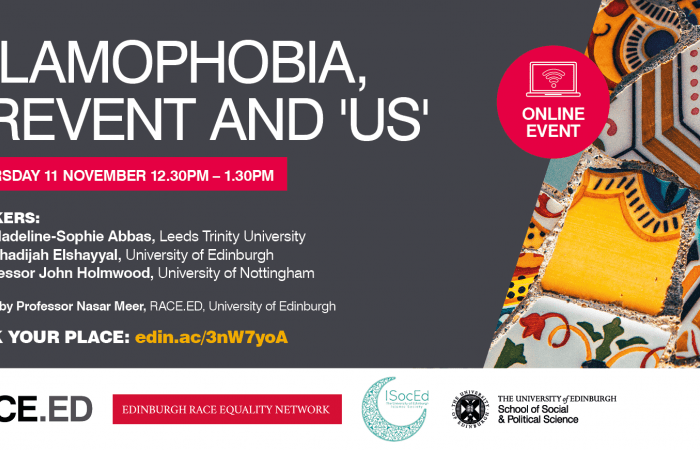 Poster for Islamophobia, Prevent and 'Us' - details in event listing