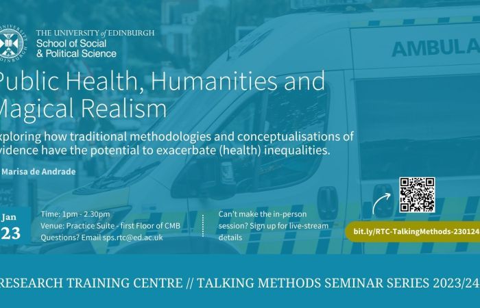 Image of banner of the RTC Talking Methods Seminar: Public Health, Humanities and Magical Realism