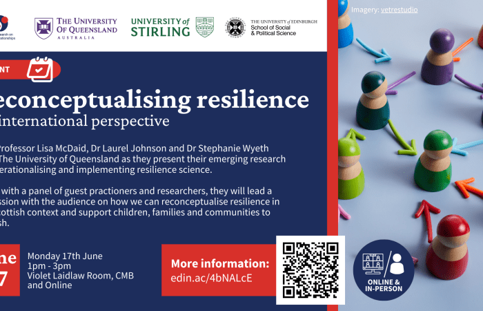 Reconceptualising resilience - an international perspective, with an image of wooden people and interconnecting arrows. 