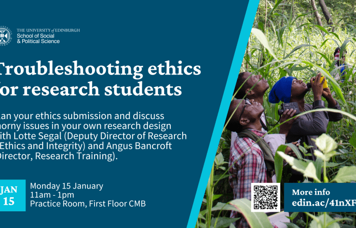 Image of banner with event details. TroubleShooting ethics for research students. Monday 15th January, 11am-1pm, Practice Suite