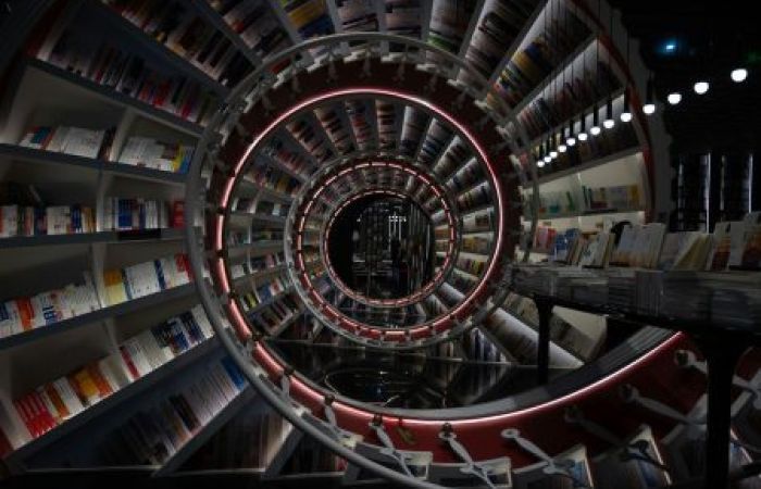 Spiral bookshelves are seen in a bookshop in Guangzhou, China, on April 23, 2024